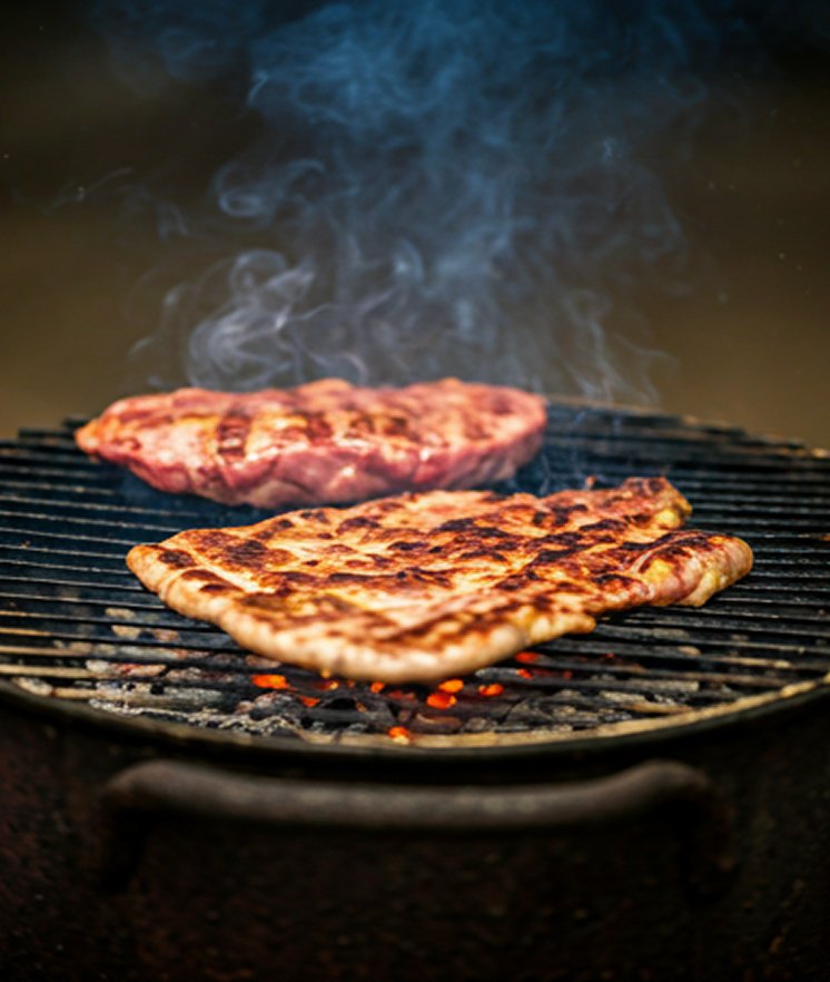 Cocina libanesa auténtica 1 Filetes de carne cocinándose sobre una parrilla con brasas ardientes y humo visible.