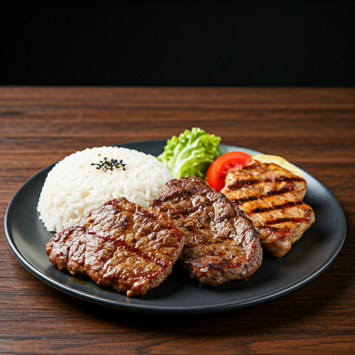 Nuestra carta 2 Plato de carne a la parrilla servido con una porción de arroz blanco y guarnición de ensalada.