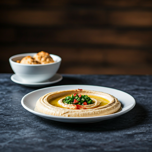 Nuestra carta Plato de hummus con aceite de oliva y picadillo de hierbas frescas sobre mesa oscura.