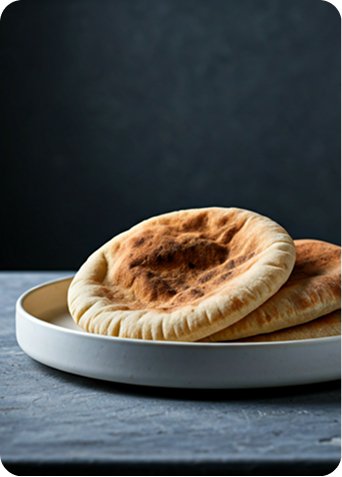 Tradición Libanesa 1 Dos panes tipo pita ligeramente tostados, colocados sobre un plato blanco, con un fondo oscuro y una iluminación suave que resalta su textura.