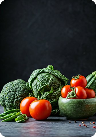 Tradición Libanesa Un conjunto de verduras frescas sobre una superficie oscura: brócoli, hojas de col rizada, tomates rojos y calabacín, con algunos guisantes verdes y especias dispersas alrededor, iluminados con luz suave sobre un fondo negro.
