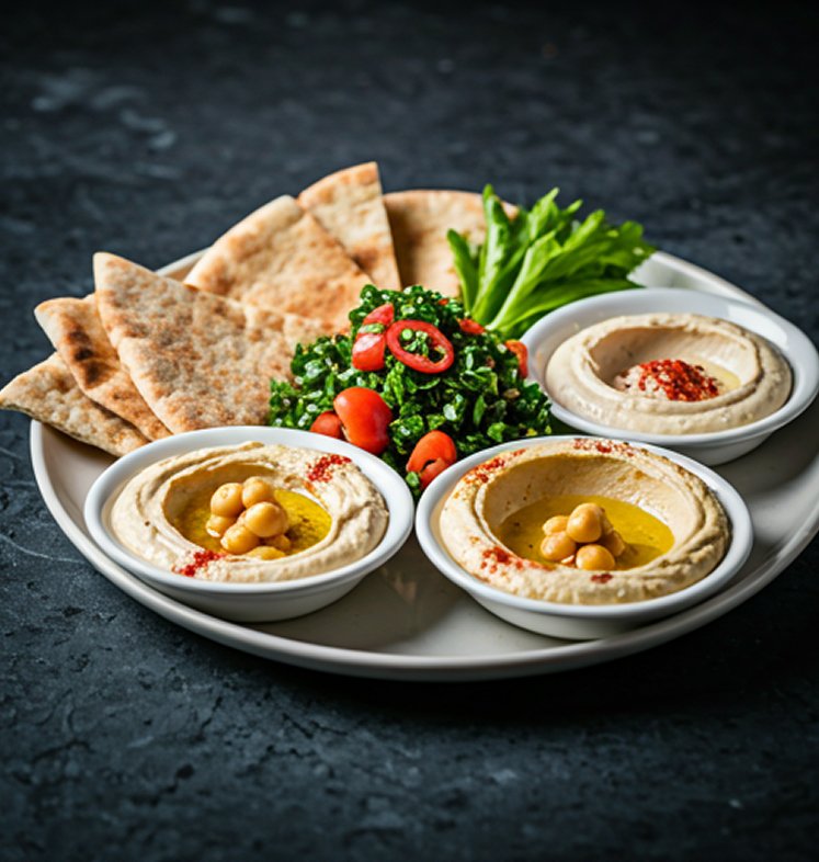 Una cocina para todos Plato combinado con tres cuencos de hummus, ensalada de perejil y tomate, y triángulos de pan pita.