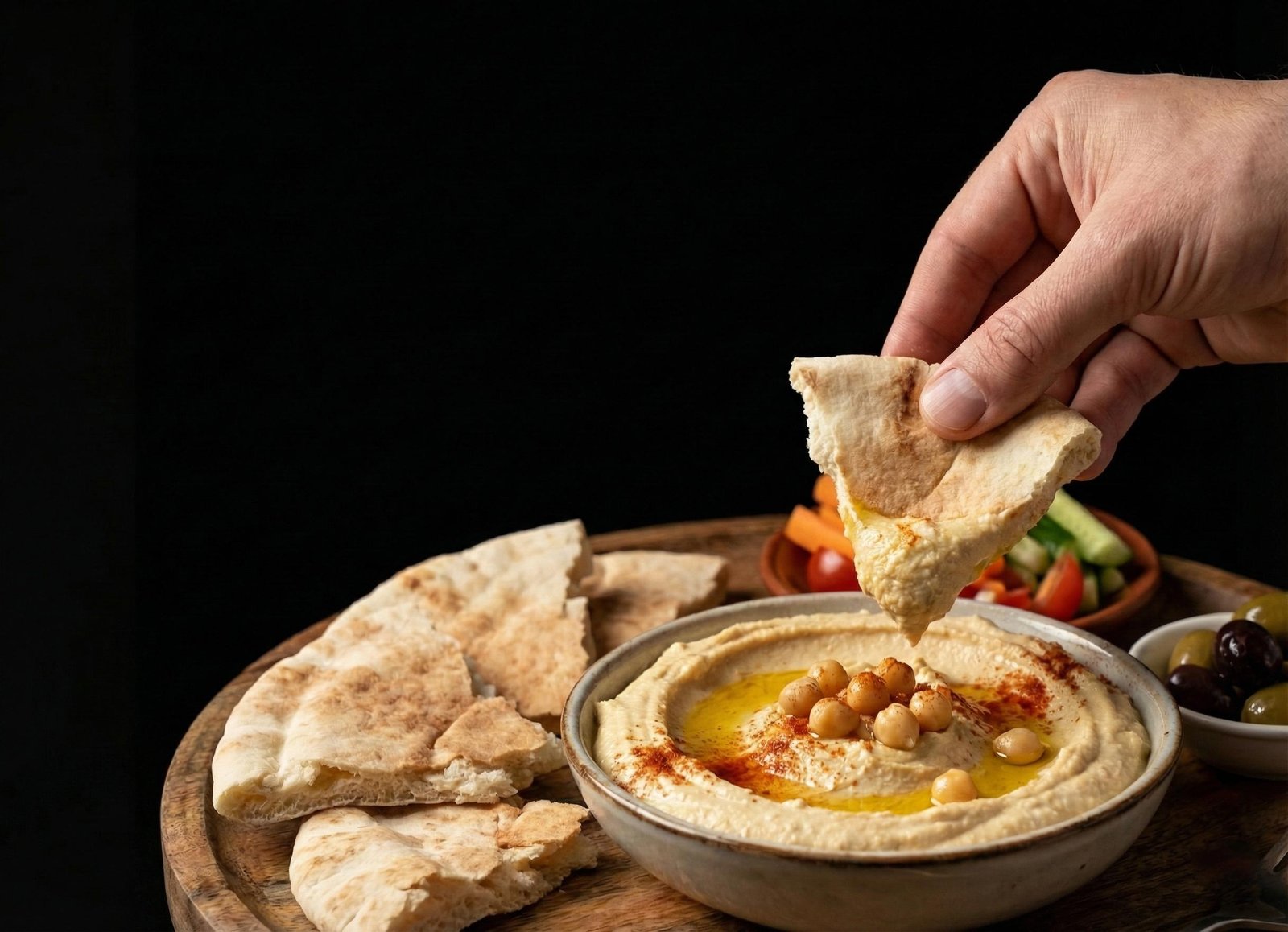 Reserva tu mesa y vive la experiencia Mano dipeando pan pita en un bol de hummus con aceite de oliva y pimentón.